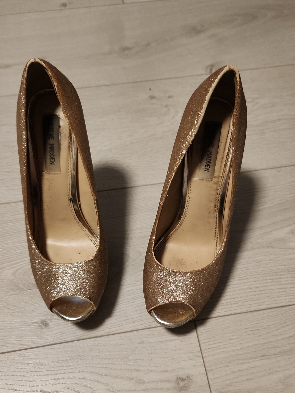 Steve Madden Metallic Gold Glitter Peep-Toe PLATFORM Heels